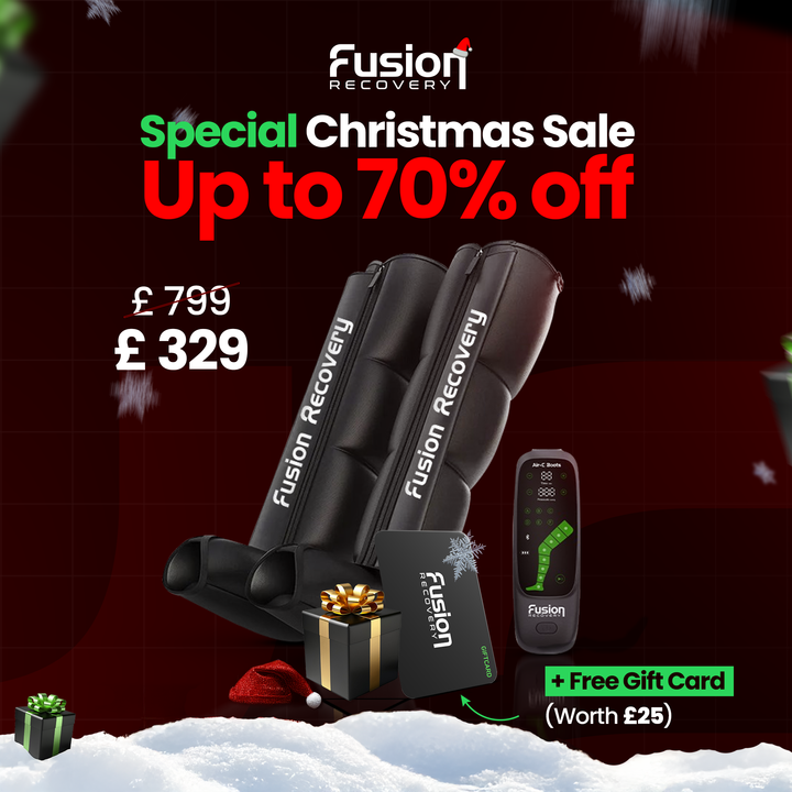 Fusion Recovery Cyber Week sale with massage boots and remote, up to 70% off.