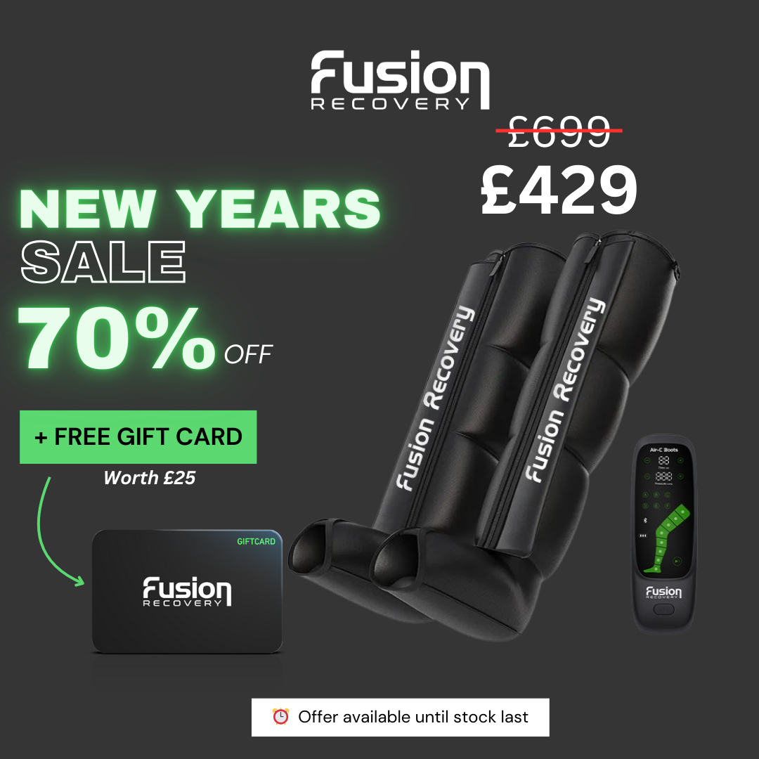 Fusion Recovery New Year’s sale ad with 70% off and free gift card promotion.