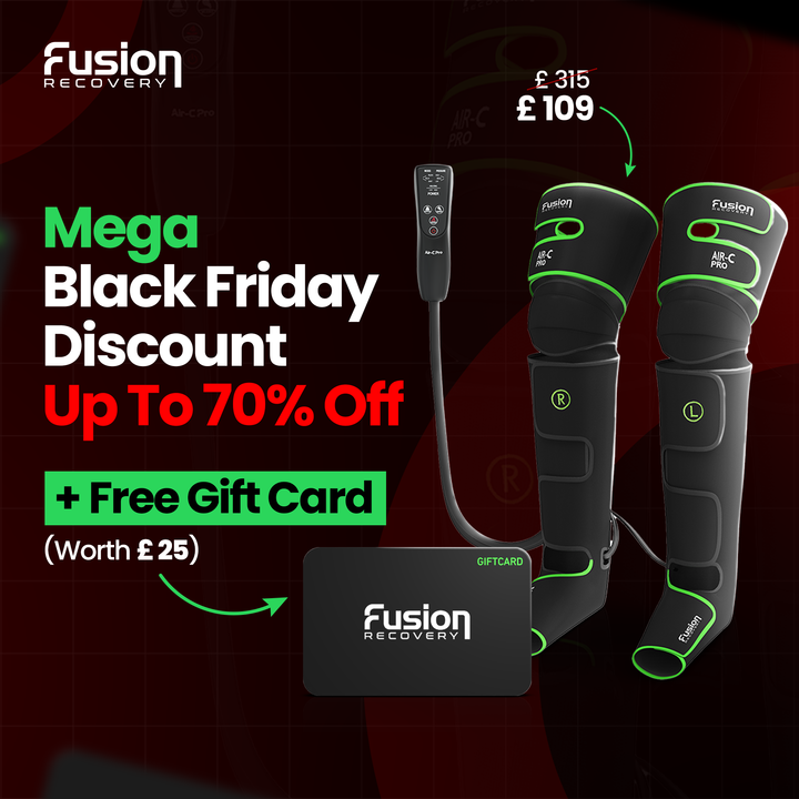 Fusion Recovery Black Friday promotion with up to 70% off and a free gift card offer.